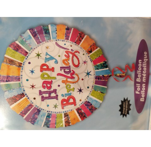 Gros ballon en mylar multicolore Happy Birthday, gonflé à l'hélium ou à l'air