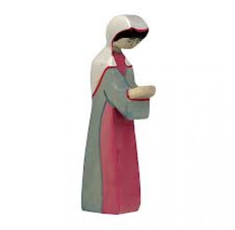 Figurine Vierge Marie  en habit gris- rose,  en bois pour la crèche