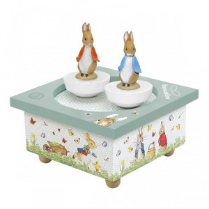 Boîte à musique en bois avec 2 sujets dansants, thème Peter Rabbit (Beatrix Potter)