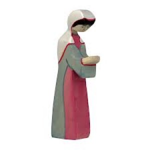 Figurine Vierge Marie  en habit gris- rose,  en bois pour la crèche