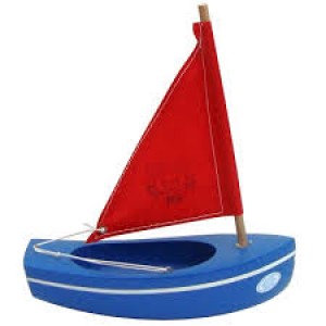 Voilier en bois navigable  coque de couleur bleue, voile rouge, fabriqué en France